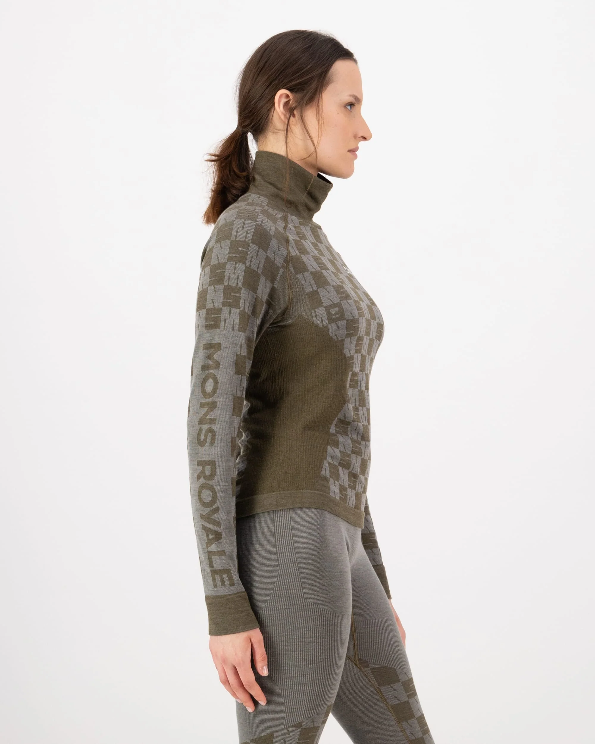 Ascender Merino Base Layer Mock Neck Long Sleeve - Dried Sage / Dark Olive | Women's Long Sleeve Top